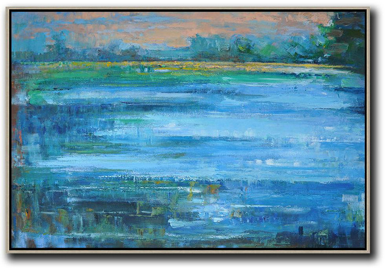Large Abstract Painting On Canvas,Horizontal Abstract Landscape Oil Painting On Canvas,Modern Abstract Wall Art,Pink,Blue,Green,Yellow